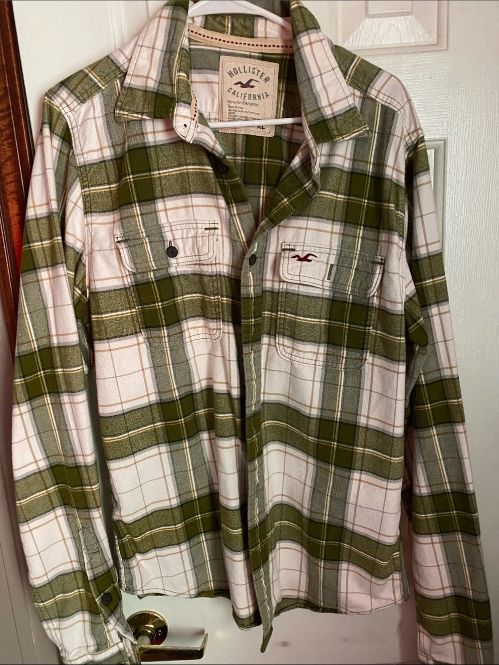 Hollister Olive & Cream Plaid Casual Soft Flannel Shirt